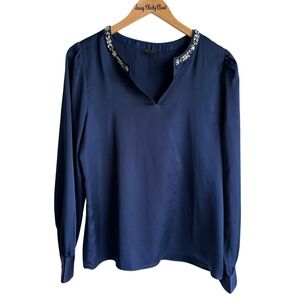 ANN‎ TAYLOR Dark Deep Blue Jeweled Split Neck Ladies Long Sleeve Blouse, M